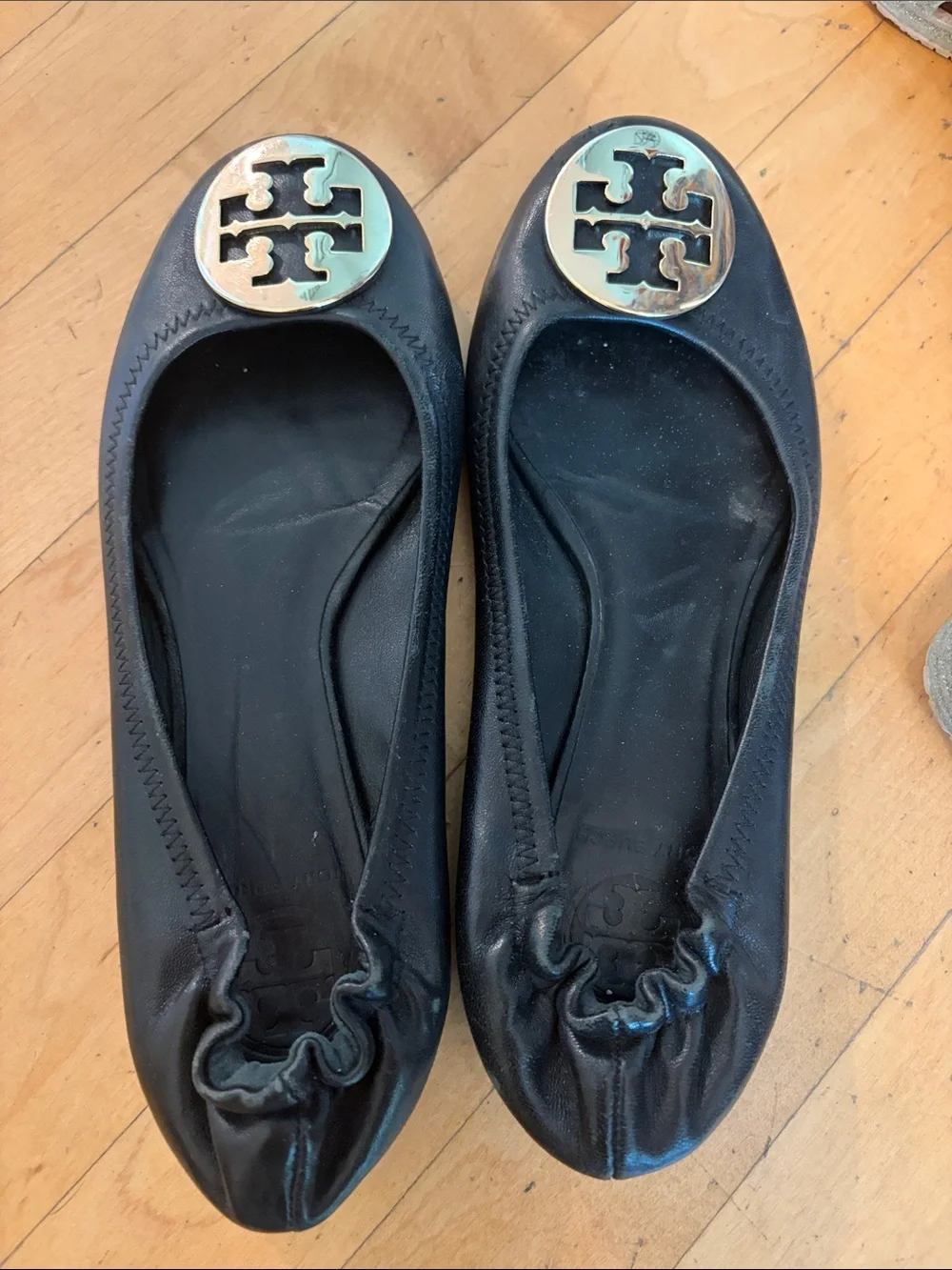 Tory Burch Black Leather Logo Ballet Flats with Gold Medallions